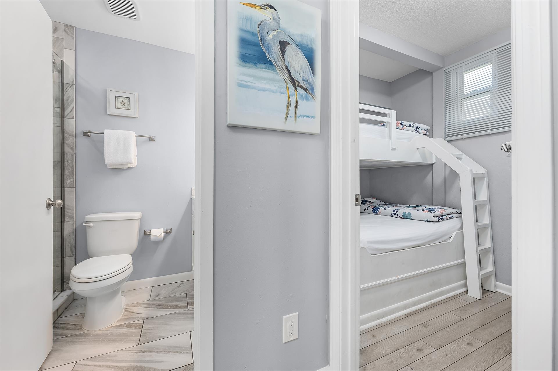 Bunk room and downstairs bathroom