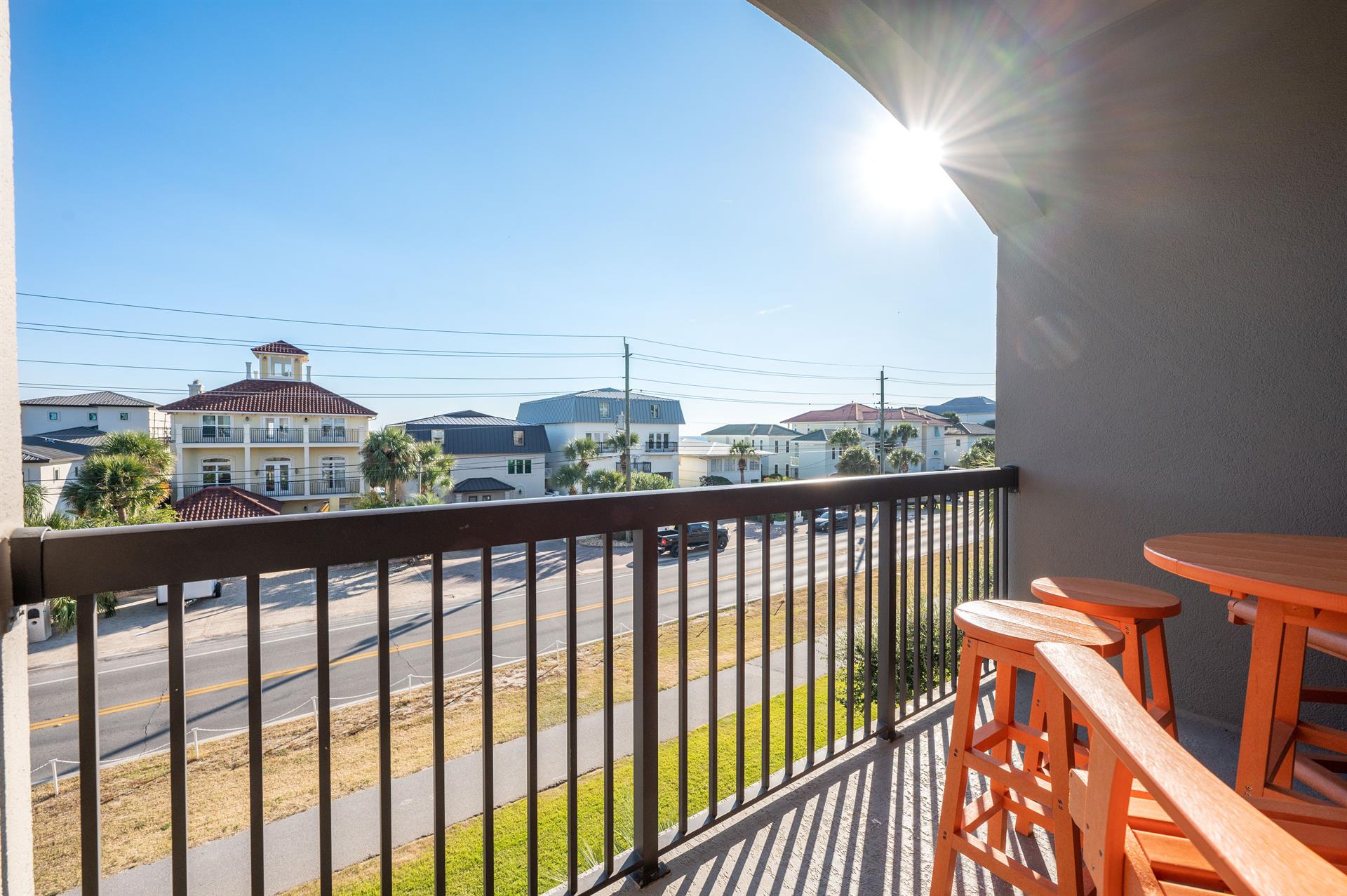 Private balcony overlooking beach road