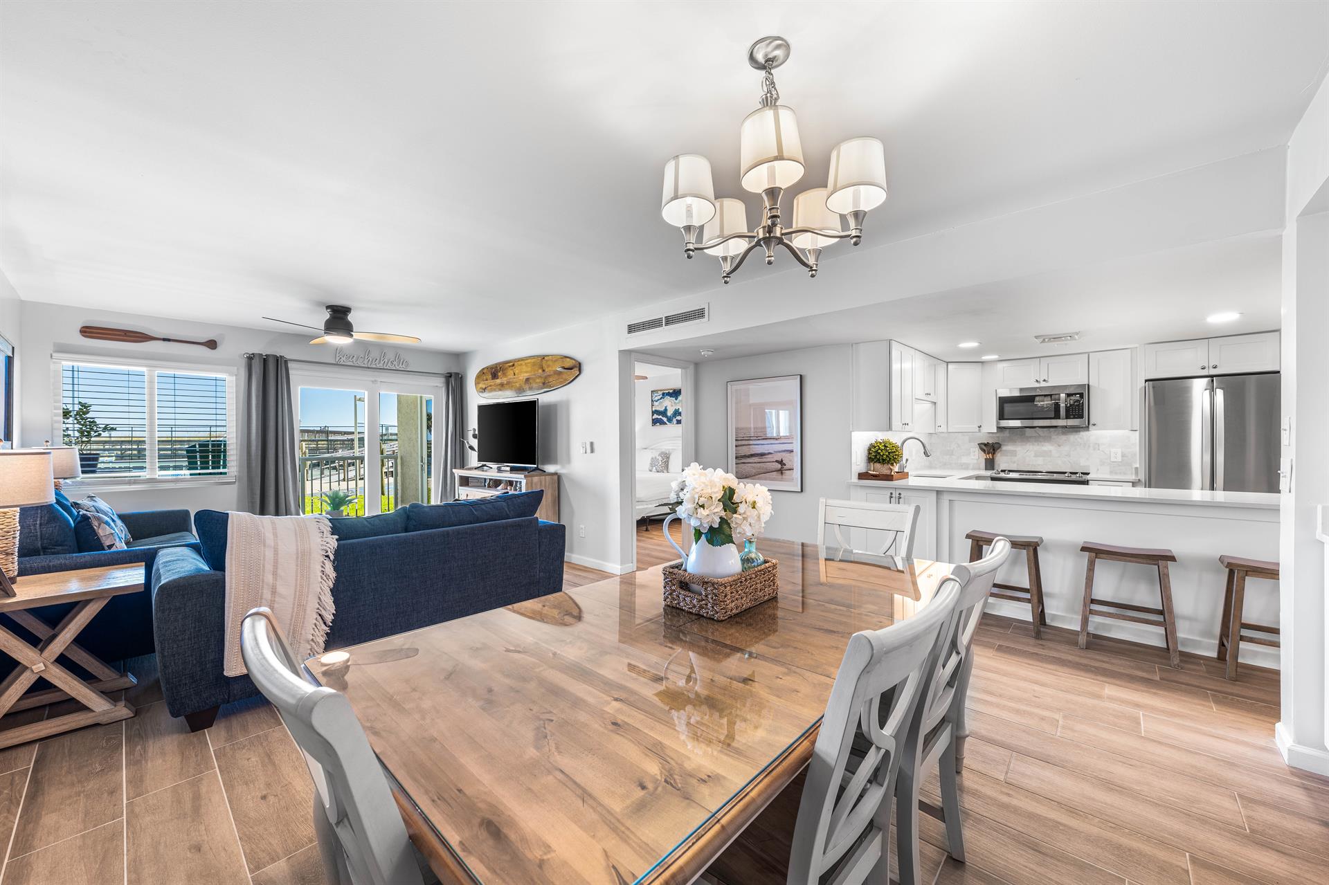 Familyfriendly dining with bench seating and coastal charm.