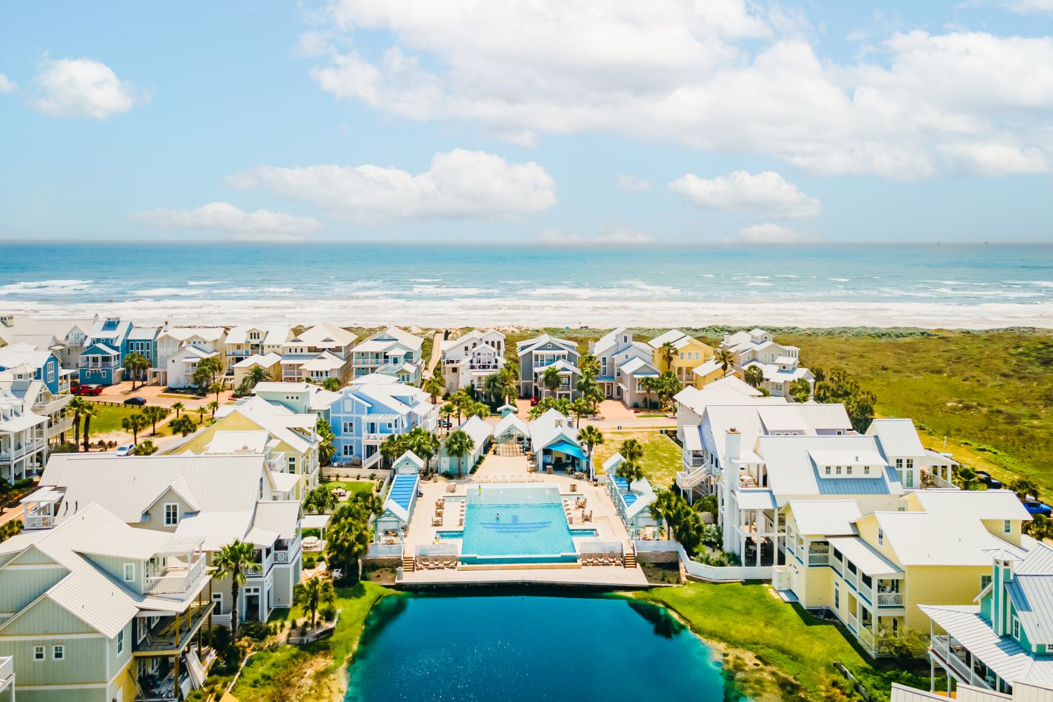 Aerial view of Cinnamon Shore on Mustang Island in Port Aransas, Texas