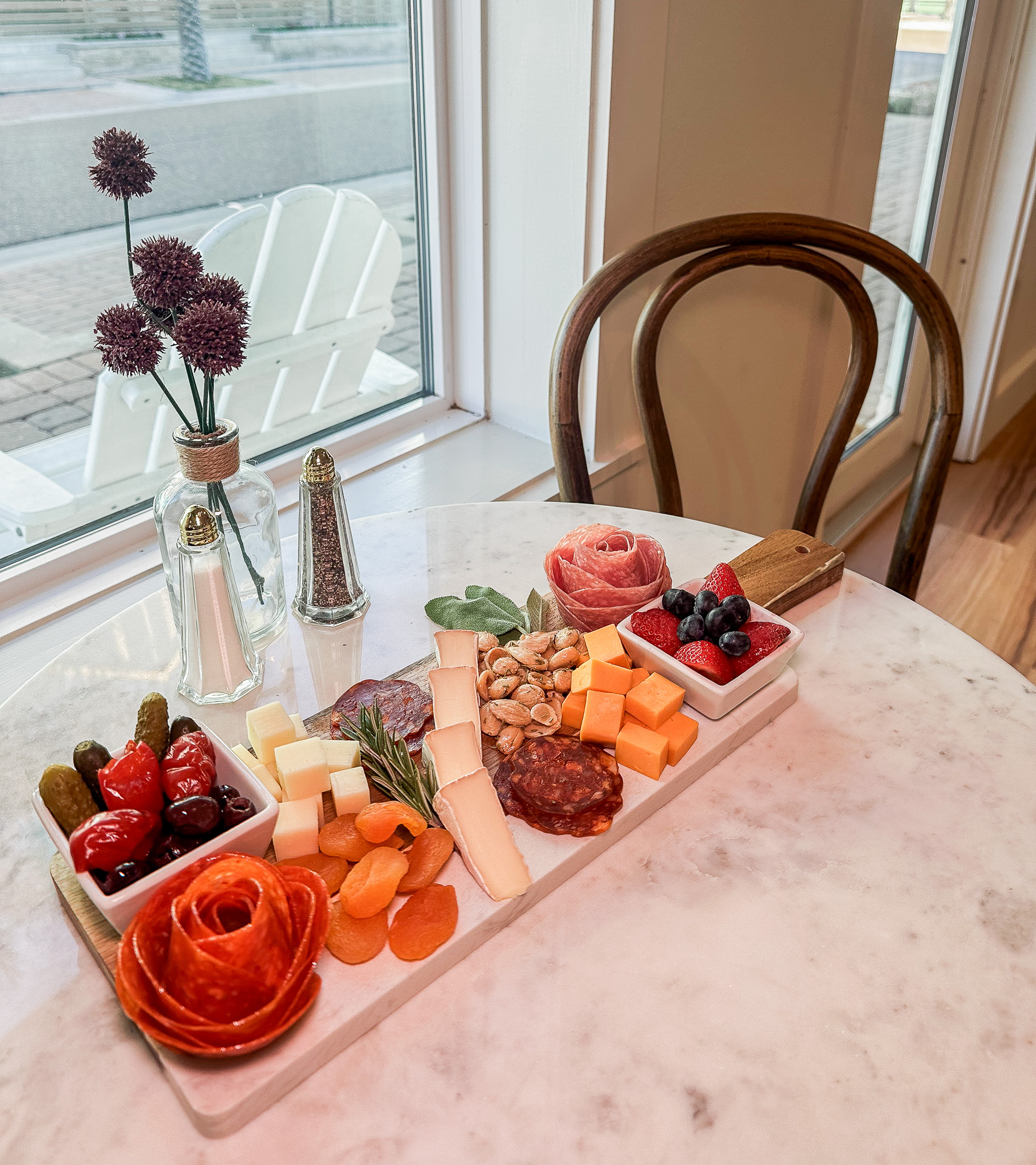 shore cafe table with charcuterie board