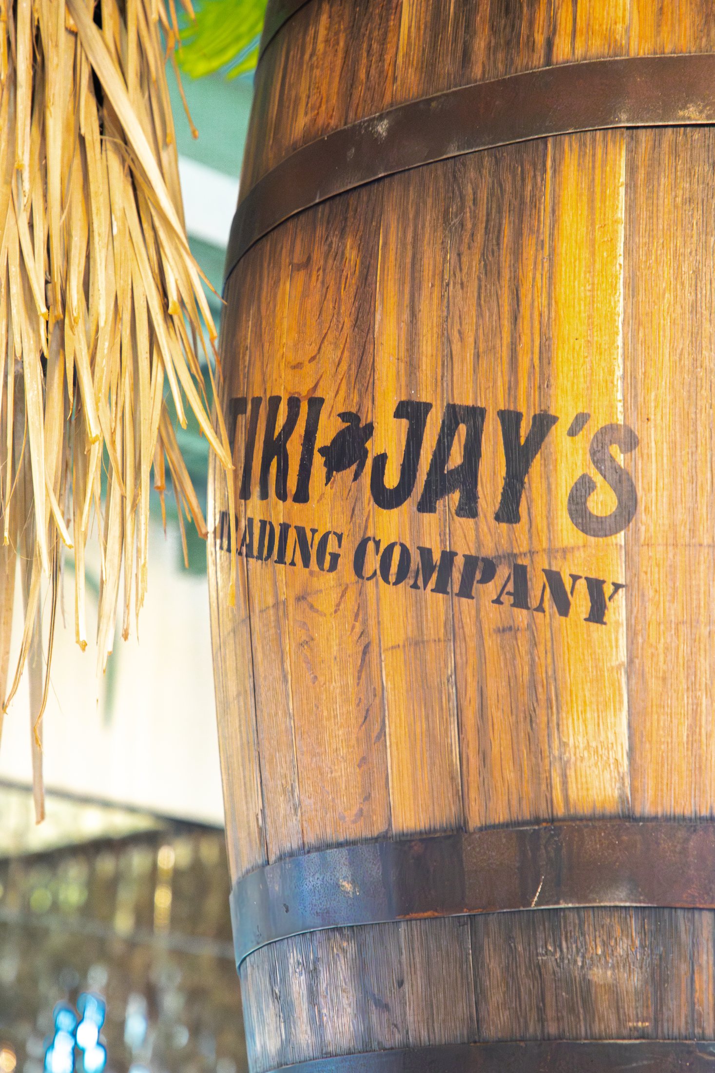 Tiki Jay's branded barrel and thatch detail at Cinnamon Shore