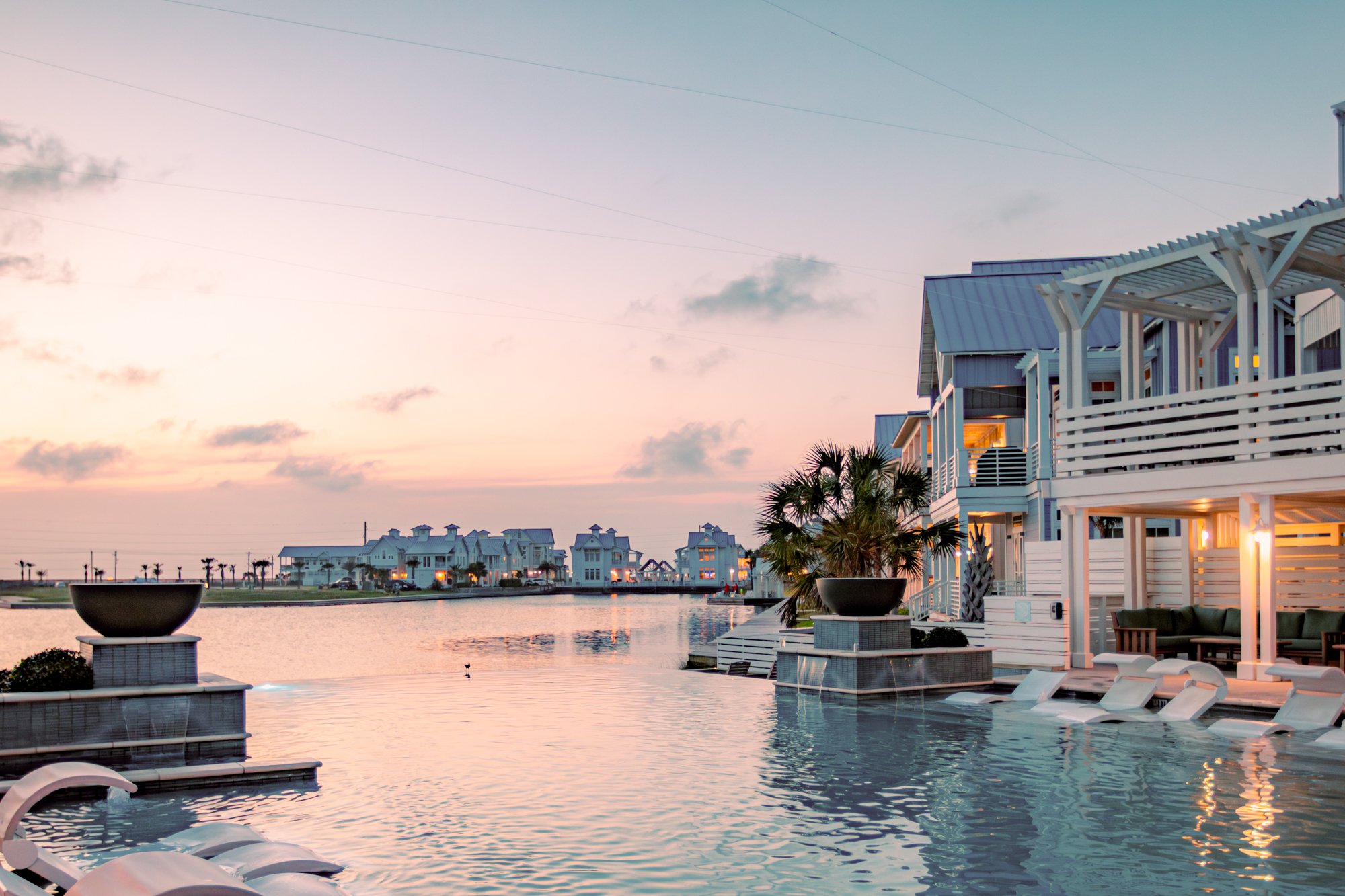 Cabana Pool at Cinnamon Shore South overlooking the lake at evening in Port Aransas, Texas