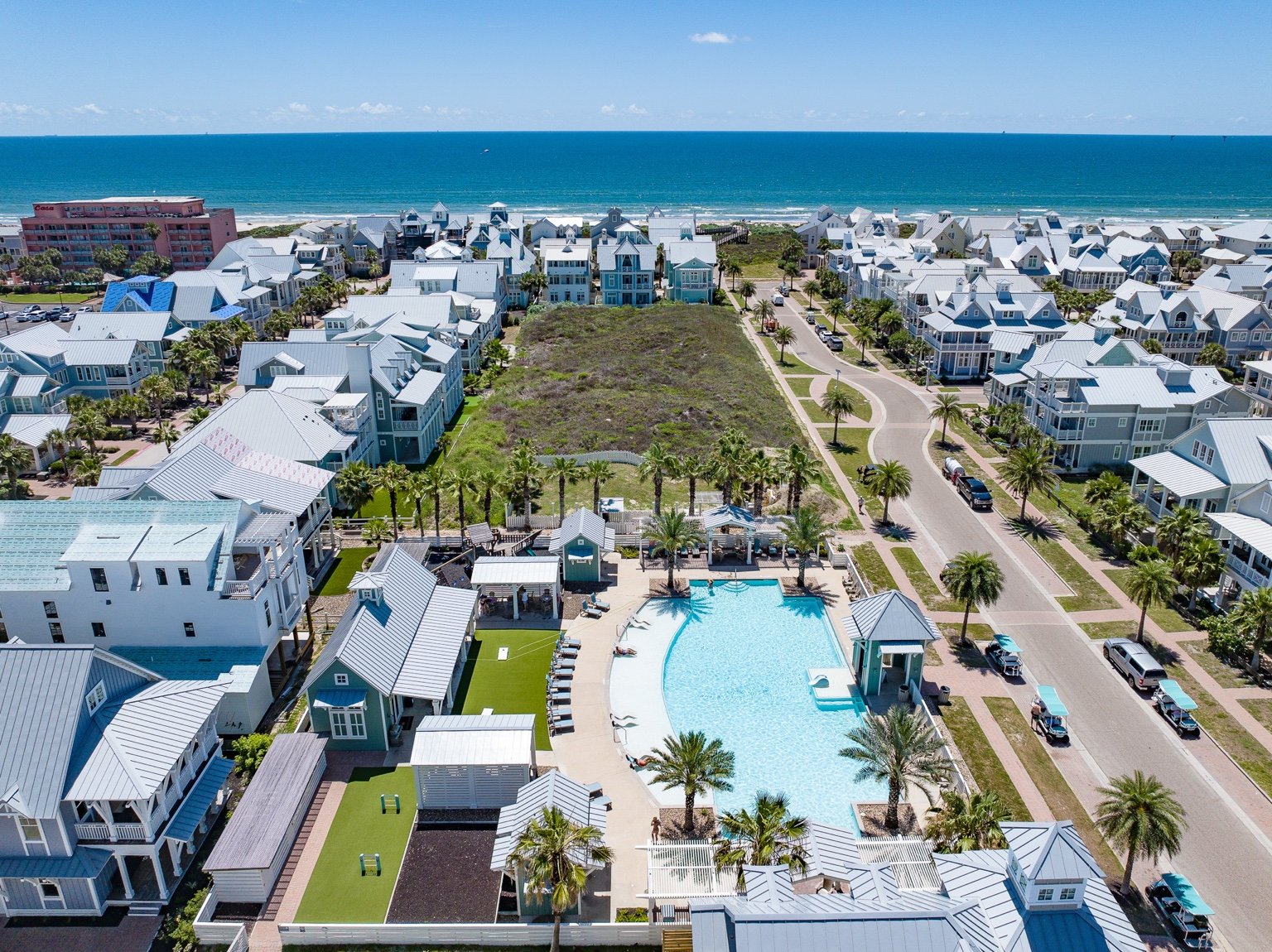 Aerial view of Dune Pool near the beach at Cinnamon Shore North in Port Aransas, Texas