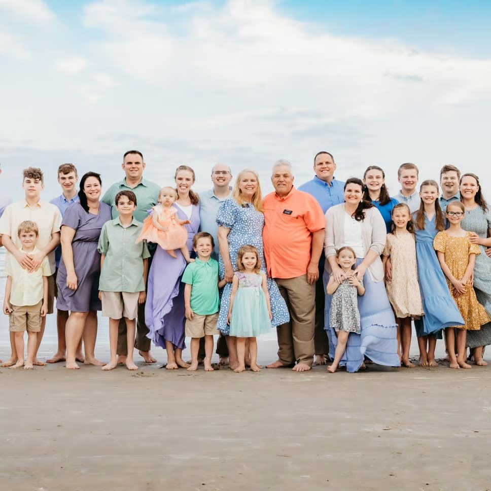 Multi-generational family reunion portrait on the beach at Cinnamon Shore in Port Aransas, Texas