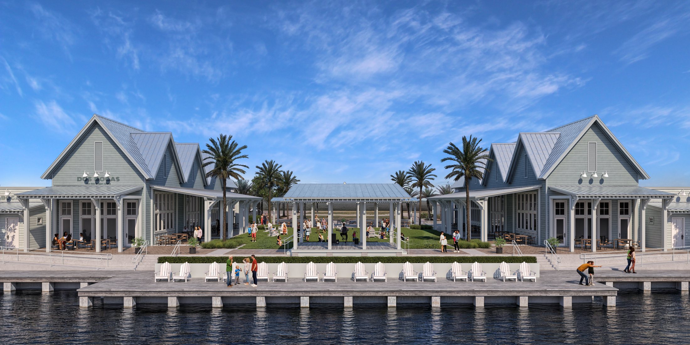 Conceptual rendering of Dos Bocas and the lakeside stage at South Town Square, Cinnamon Shore South in Port Aransas, Texas