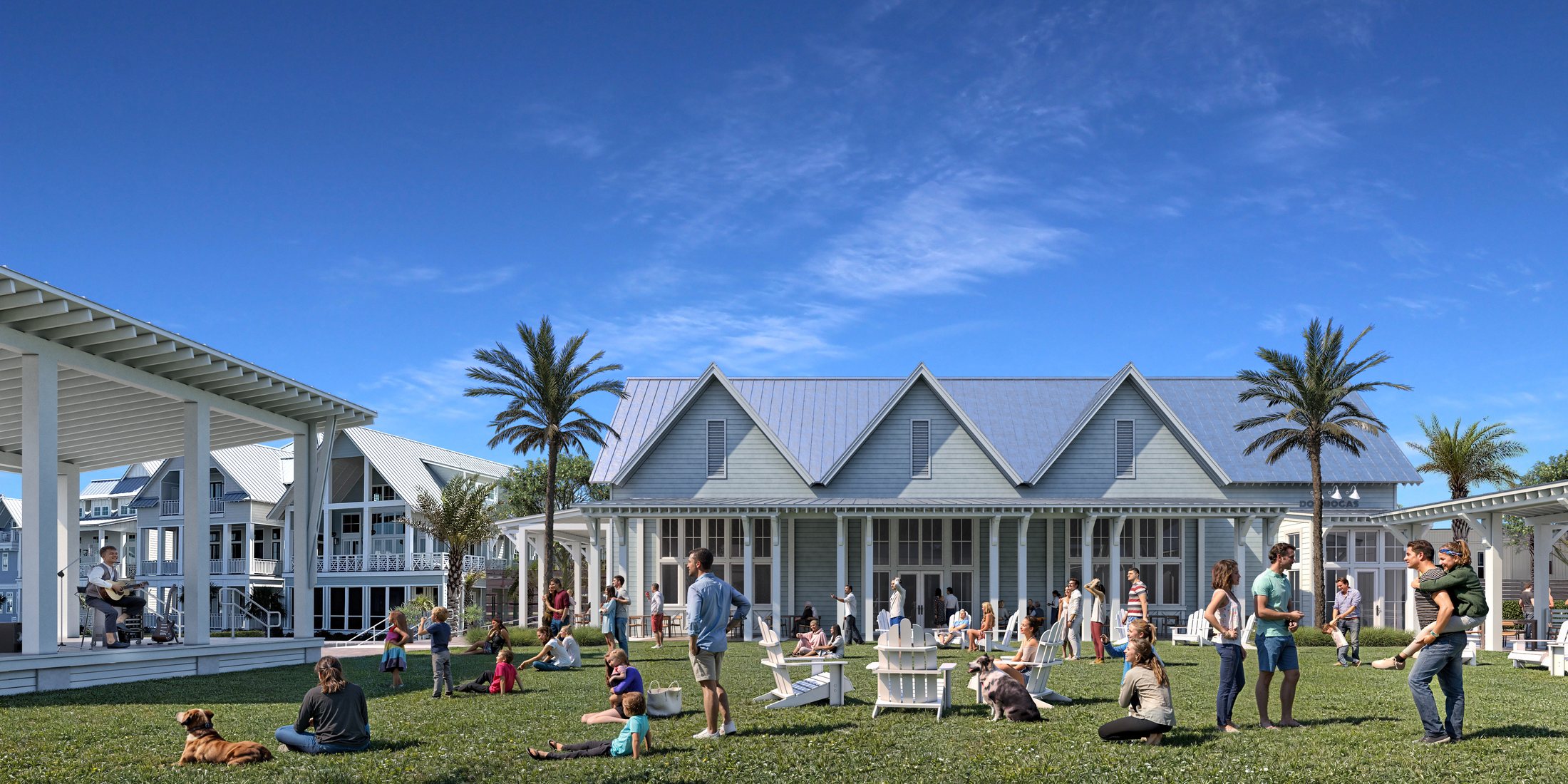 Aerial conceptual rendering of the planned South Town Square on South Town Lake at Cinnamon Shore South in Port Aransas, Texas