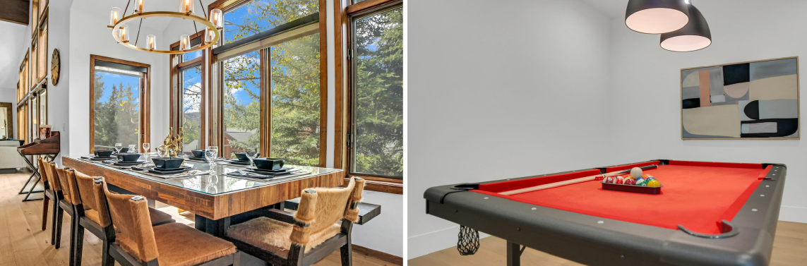 Corporate rental retreat properties at Park City Lodging featuring game room with pool table and large gathering area with dining table for 10 guests.