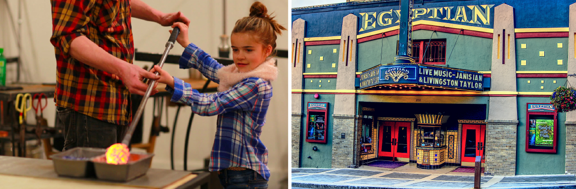 A father and daughter visit Red Flower Studios in Park City to try their hand at glass-blowing and a photo of the Egyptian Theatre.