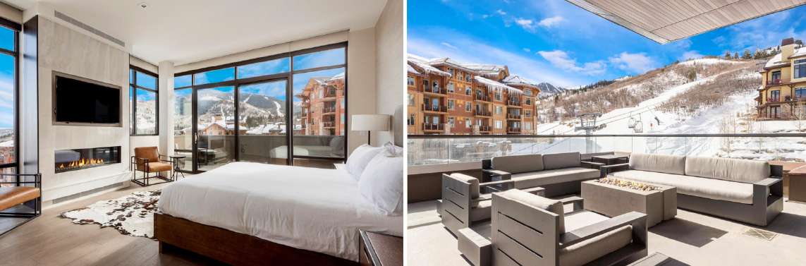 Lift 601 in Park City is a ski-in/ski-out luxury condominium rental featuring a gorgeous deck with mountain views and a large master suite with gas fireplace.