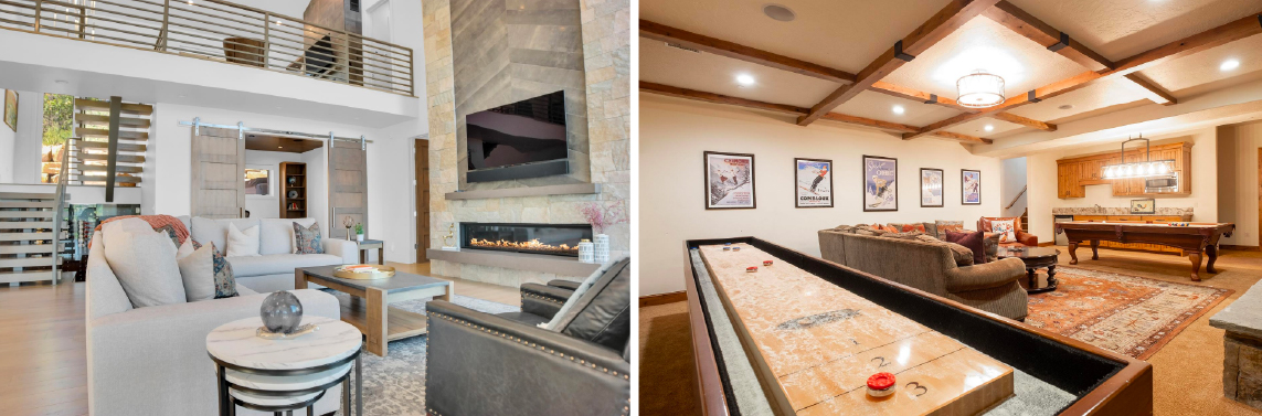 Park City rental properties perfect for families include a large open living area with a gas fireplace, large screen TV, and game room.