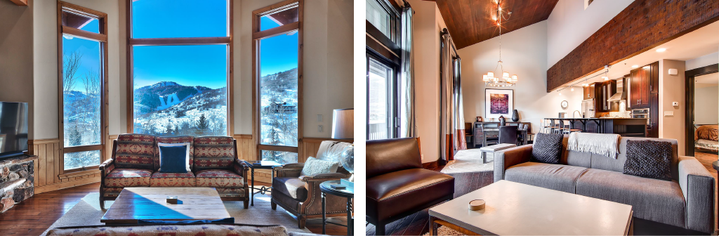 Two living room pictures of accommodations at Deer Valley Resort in Park City.
