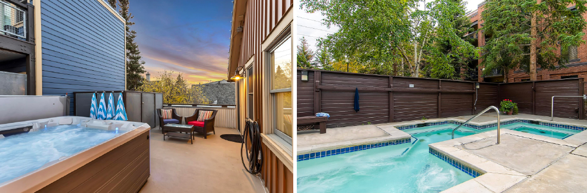 Two Airbnb rentals in Park City, one with a hot tub and one with a pool.