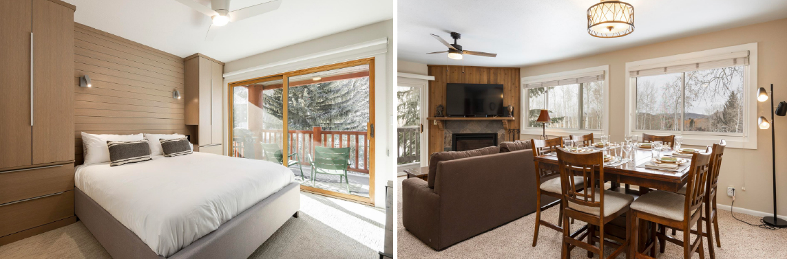 Airbnb condo rentals in Park City feature floor-to-ceiling windows, a dining nook, large screen TV, and a master suite.