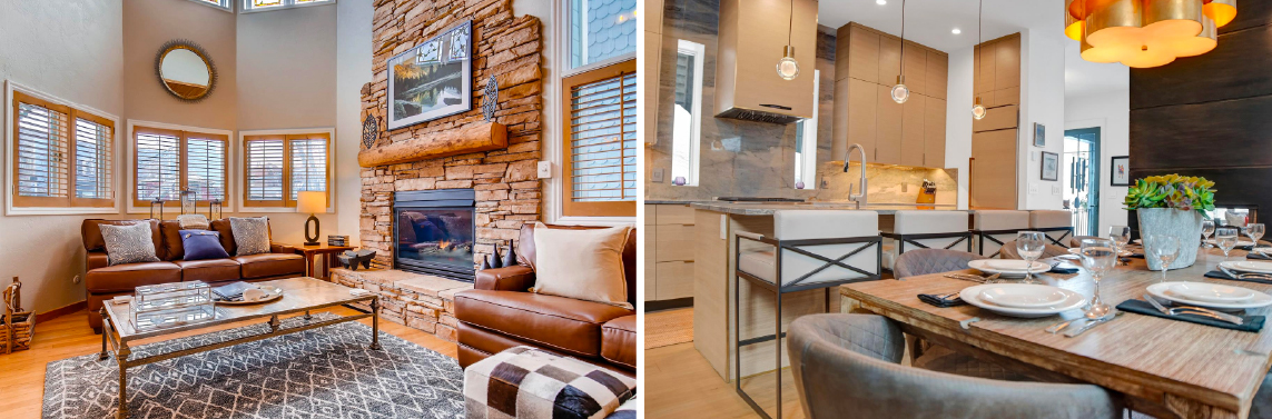 Park City Lodging properties with rustic living room, stone fireplace, open kitchen design, and dining table.