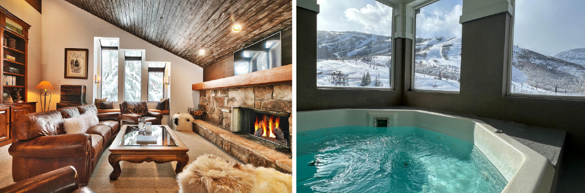 VRBO rental in Park City with a private hot tub, luxurious living area with high ceilings, gas fireplace, and leather couches.