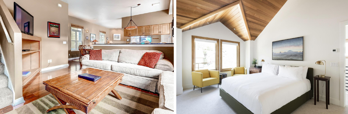VRBO rentals in Park City with high ceilings, king beds, and spacious living rooms with comfy couches.
