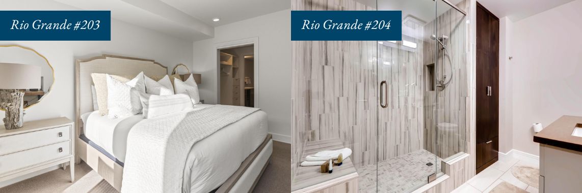 Luxurious bedroom of Rio Grande condo 203 and contemporary bath at Rio Grande 204 in Park City, Utah.