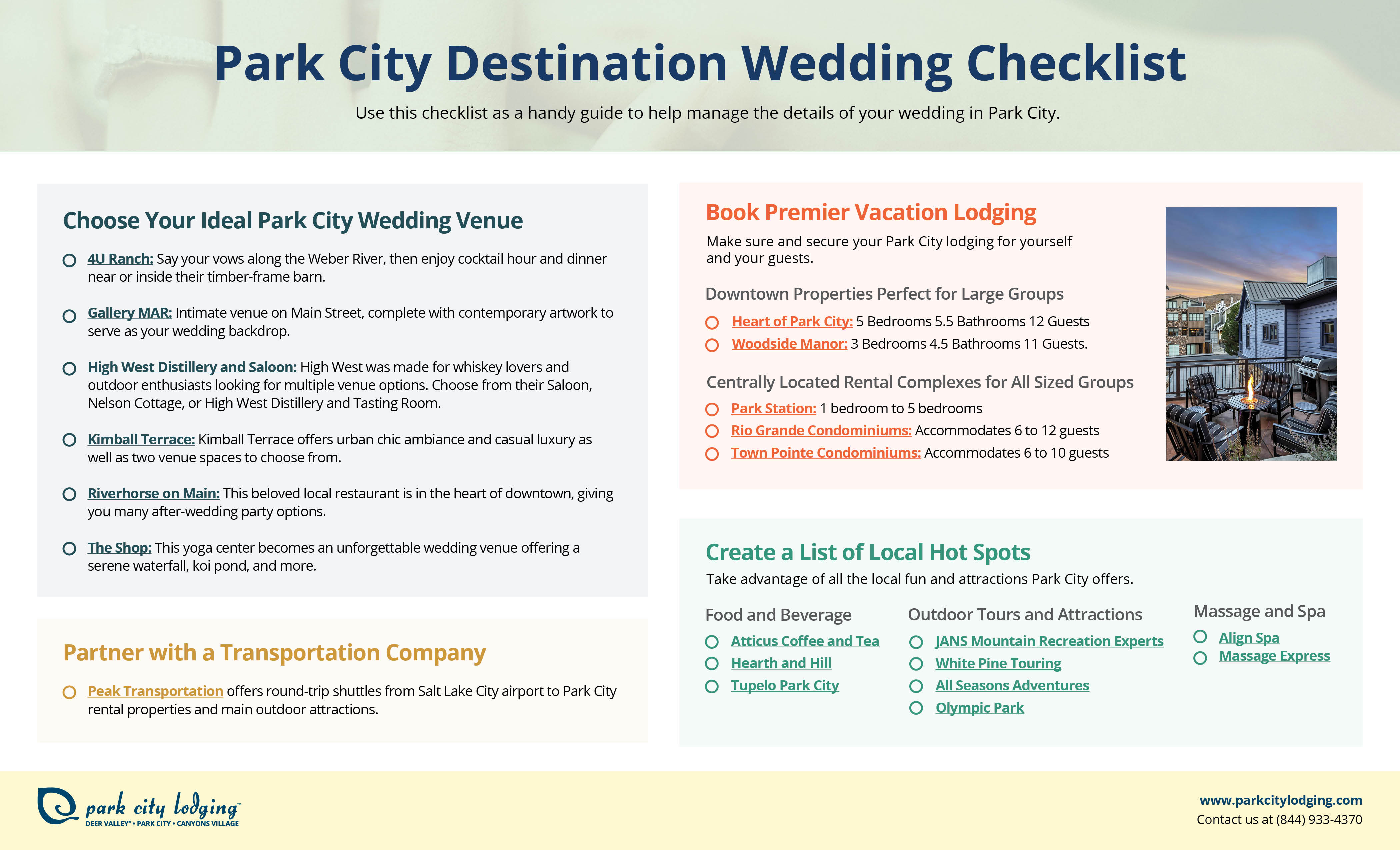A checklist for a Park City destination wedding.