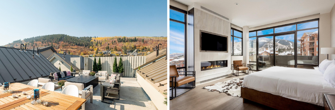 The Lowell ski-in-ski-out condos in the heart of Park City Mountain village with rooftop lounge with a hot tub and fire pit.