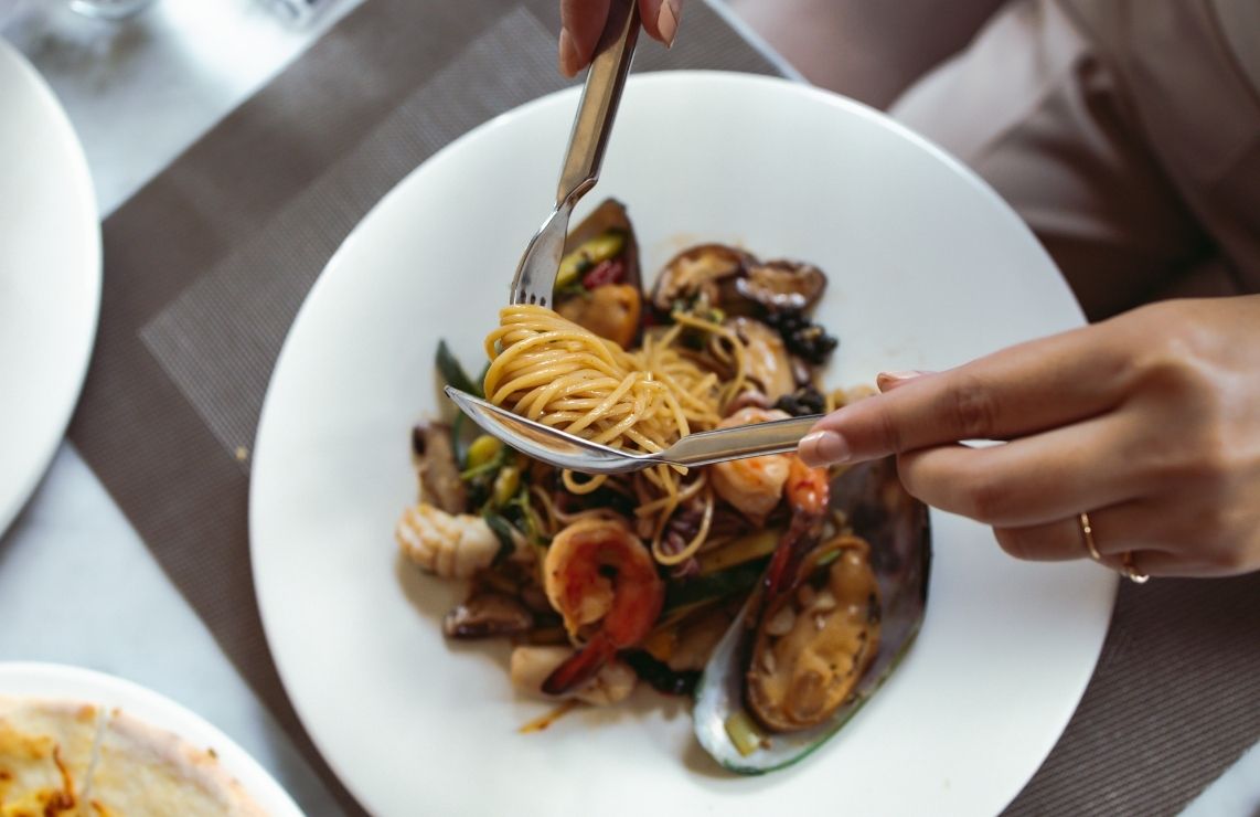 A plate of seafood pasta.
