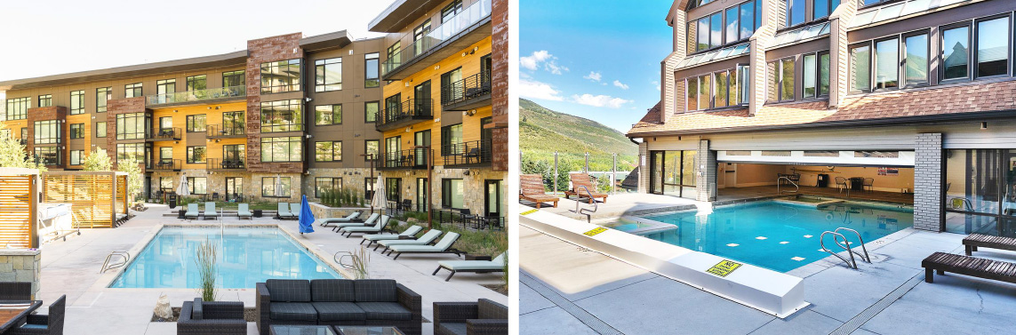 The Resort Plaza condominium complex in Park City, Utah with outdoor pools.