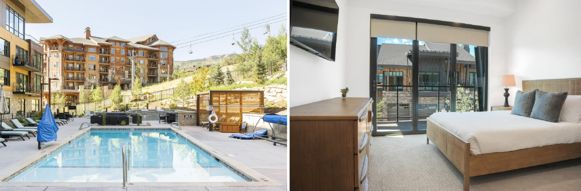 Vacation rentals in Canyons Village in Park City with an outdoor pool and bedroom with a private patio.