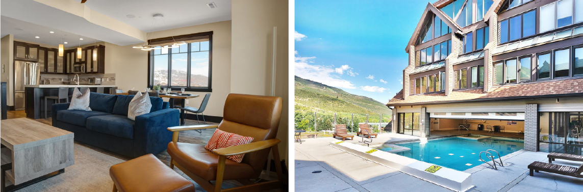 Premier townhome rental for a Park City Vacation with an outdoor pool and comfy living room area with leather chair, blue couch, and dining table.