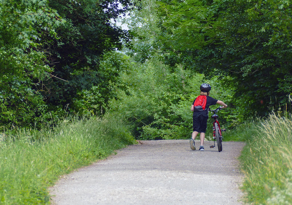 Child walking next to a bike along a paved trail surrounded by trees and grass.