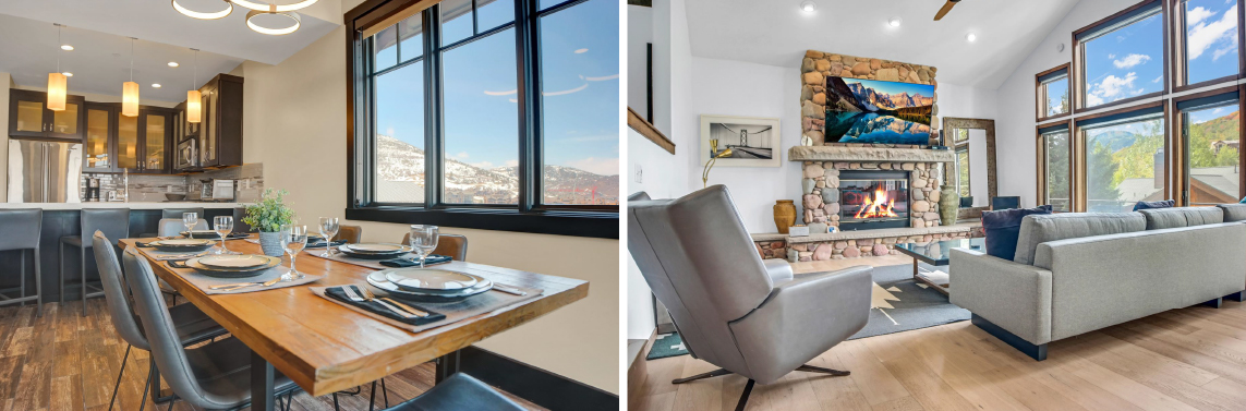 A rental condo in Park City with a cozy living room, fireplace, dining table for four guests, and galley kitchen.