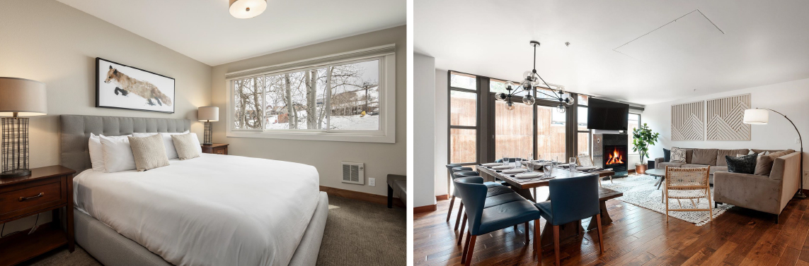 Snow Flower condominium rental in Park City with a queen size bed and white sheets and combination living and dining room with contemporary furniture.
