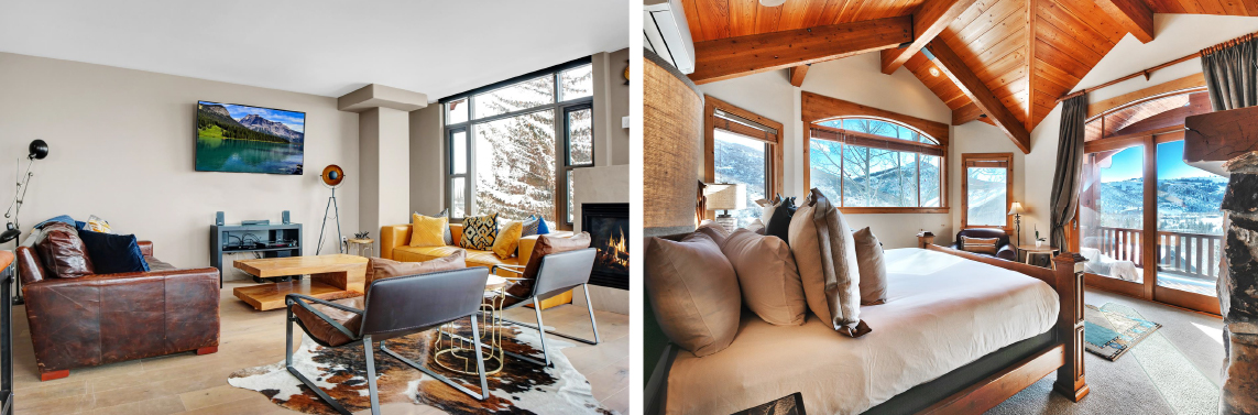 Vacation rental homes with beautiful Park City views, floor-to-ceiling windows, and rustic lodge-style furnishings.