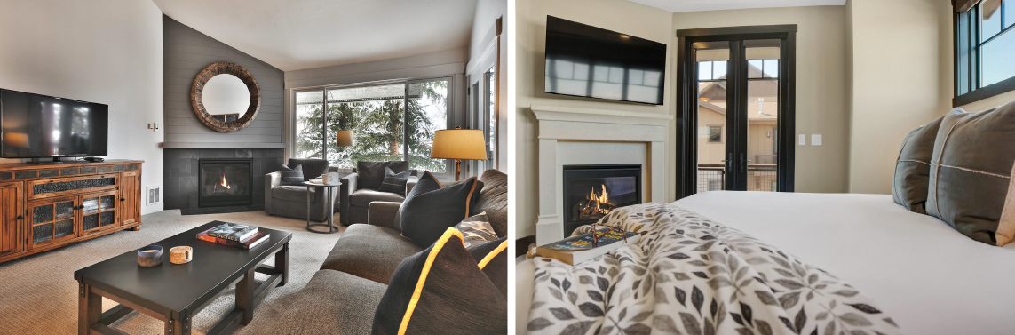 Beautiful new townhome vacation rental in Park city includes floor-to-ceiling windows, wide-screen TV, comfy couches with large pillows, and a beautiful master bedroom with gas fireplace and luxe bed linens.