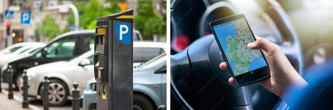 Parking meter and person holding a smartphone showing a parking app.