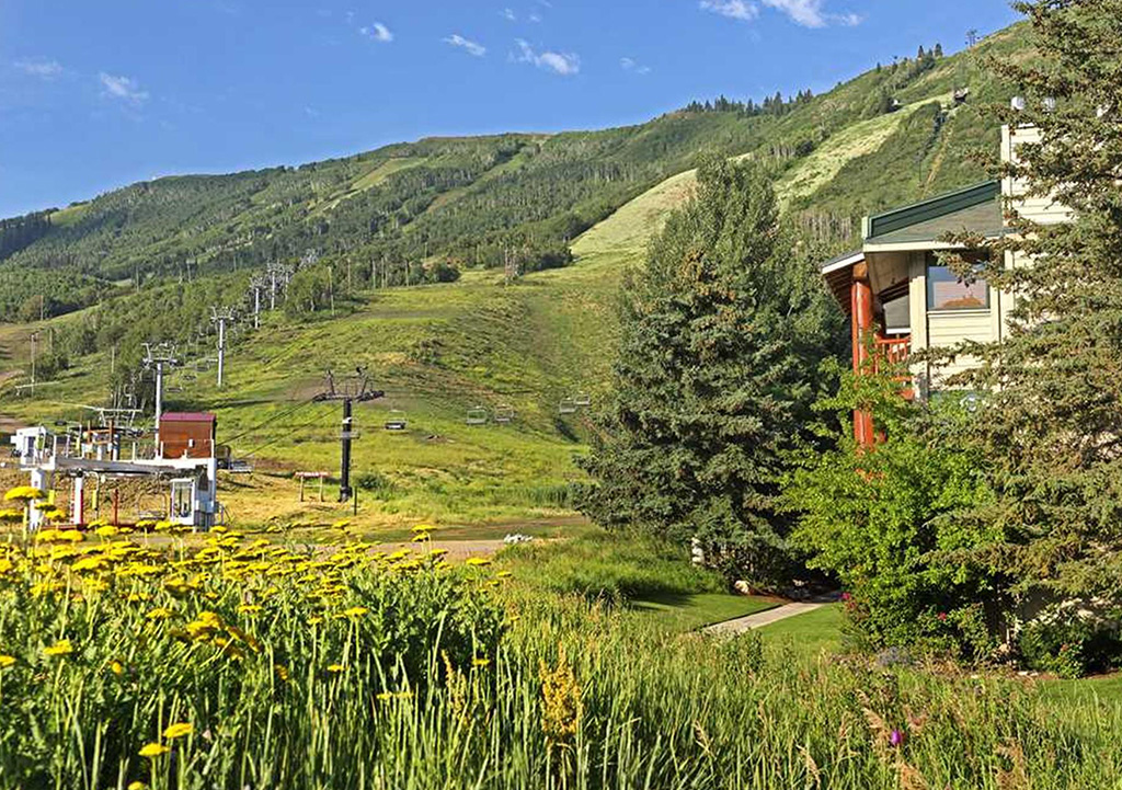 View of green hillside, ski lift, and edge of building in front of blue sky.