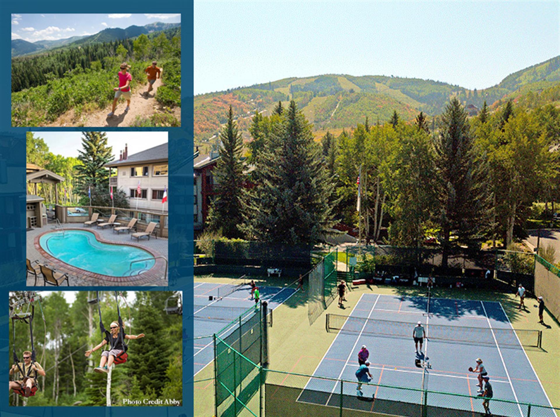 Pickleball courts surrounding by mountains and forest and smaller images of activities such as hiking, swimming, and zip lining