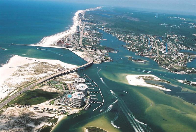 Areal view of the Pass at Orange Beach