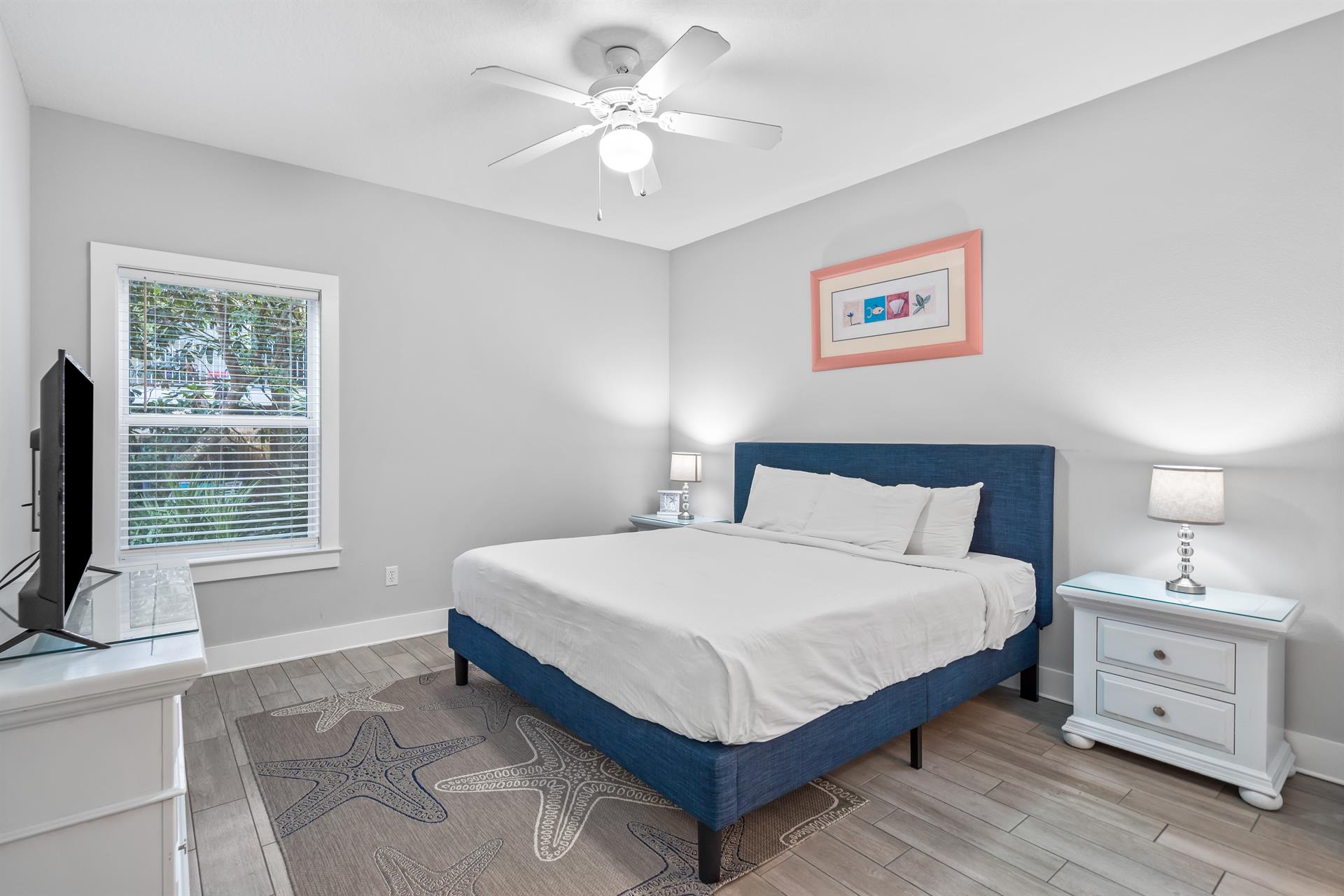 1st floor bedroom with a king bed, 42 Smart TV and ensuite bathroom