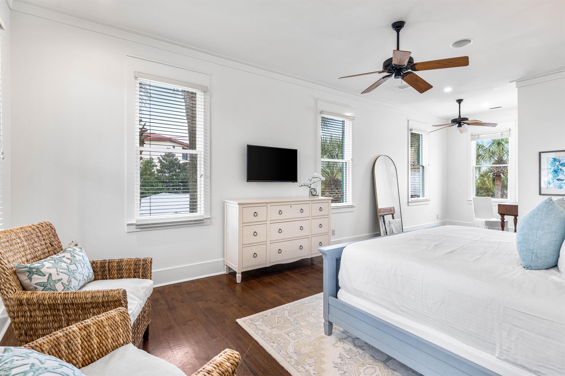 2nd Floor Primary Bedroom with King Bed, 40 YouTube TV, Desk, Walkin Closet, Ensuite Full Bathroom with Separate Soaking Tub, Walkin Shower, Double Vanities,  Access to the Covered Balcony with Bistro Tables.