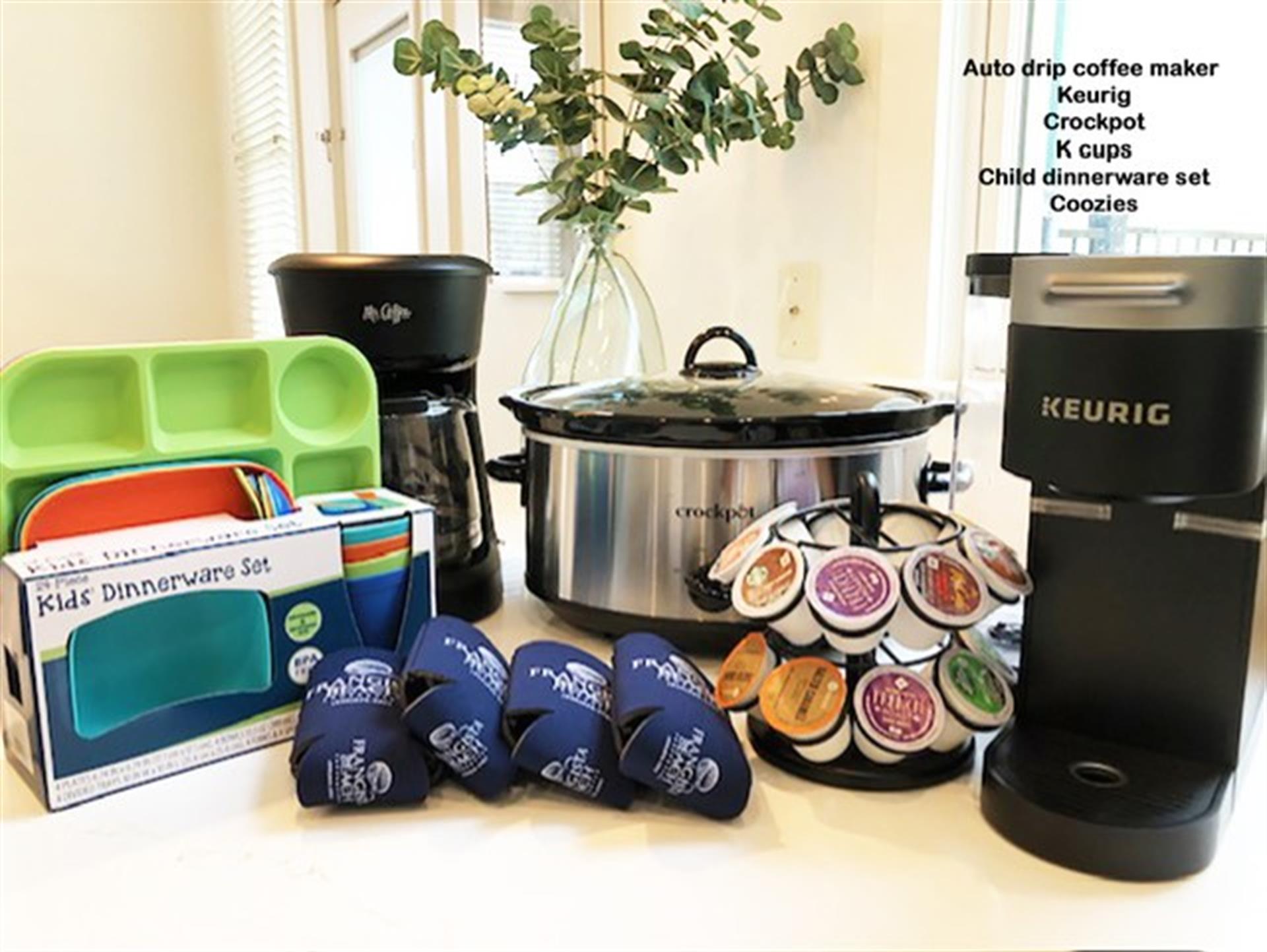 VACAY ESSENTIALS Always Included  Drip and Keurig Coffee Makers with KCups, Kids Dinnerware, Coozies,  Crock Pot