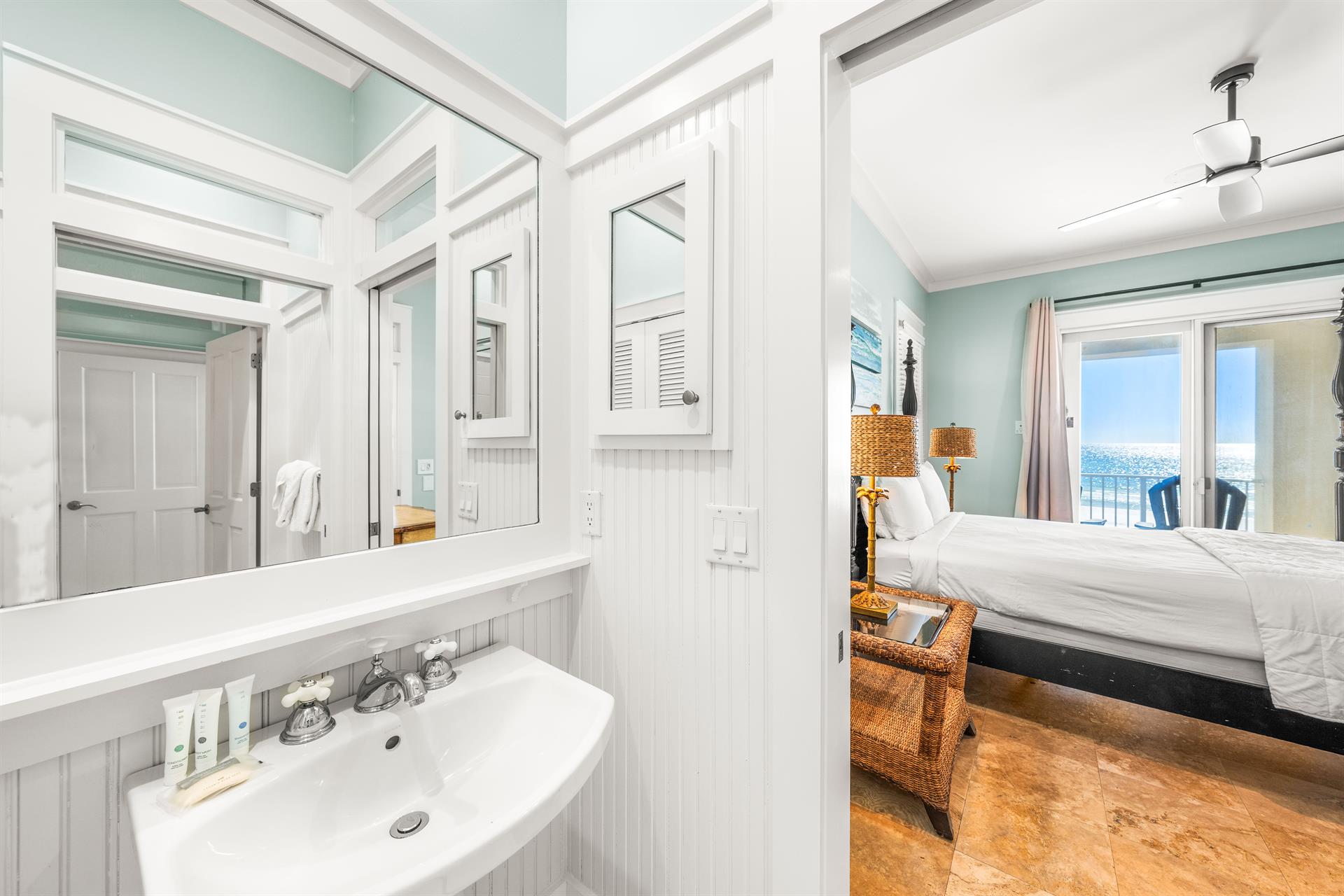 Pedestal sink and walkin shower direct access from the 1st floor queen bedroom.