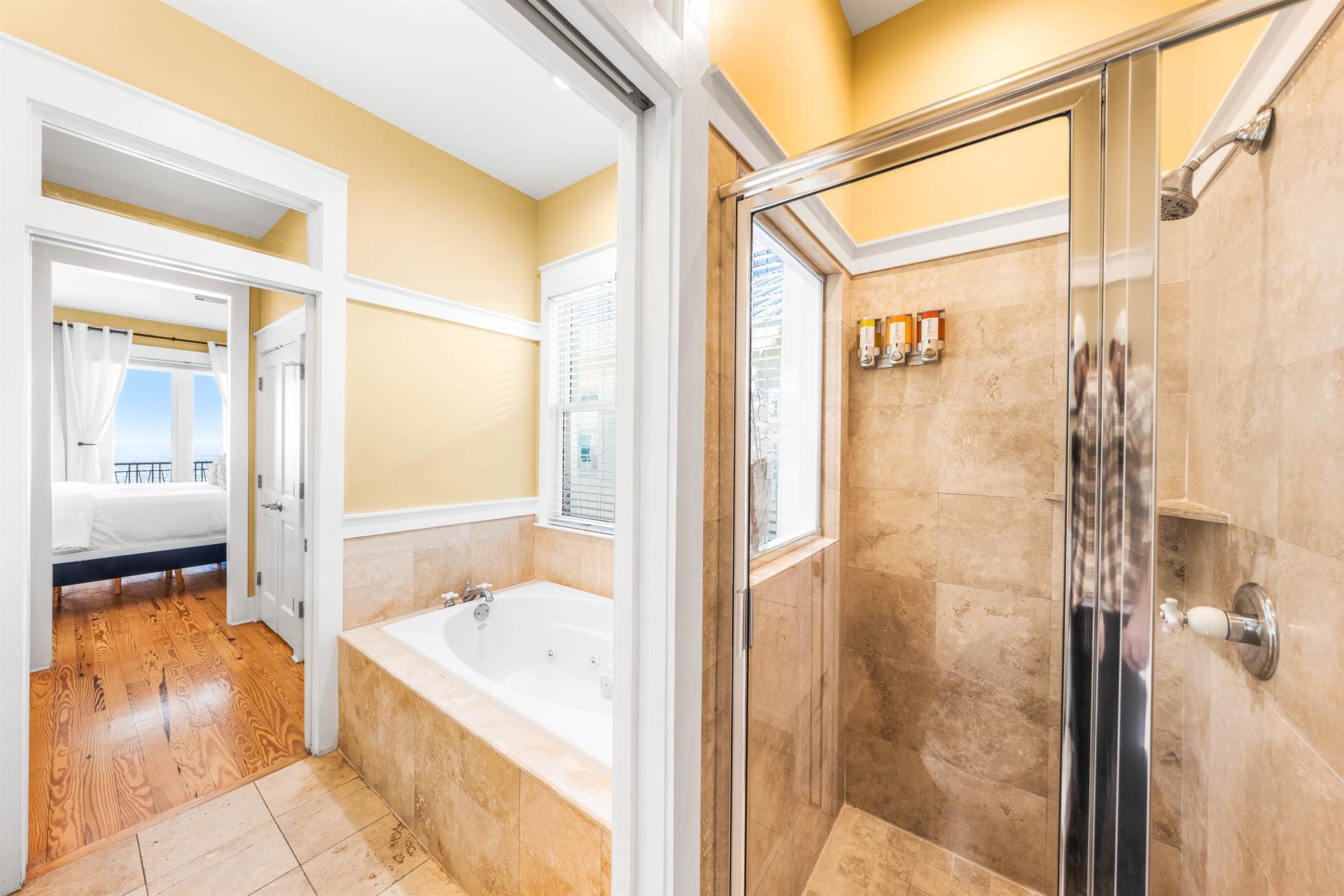 Full Bathroom with Double Vanity, Soaking Tub and Walk In Shower