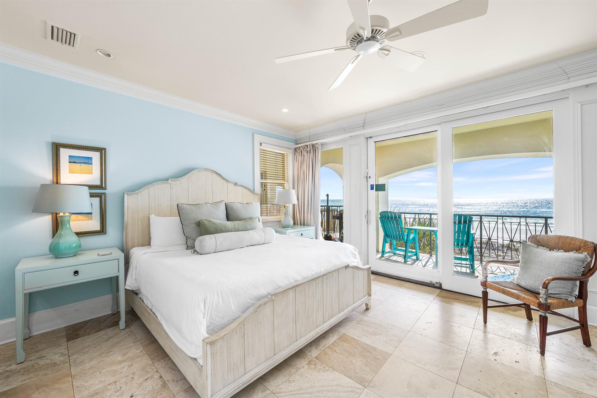 First Floor Bedroom with King Bed, 43 TV, Wet Bar with Beverage Cooler  Keurig, Ensuite Bath, Elevator Access  Covered Balcony Overlooking the Splash Pool and Gulf.