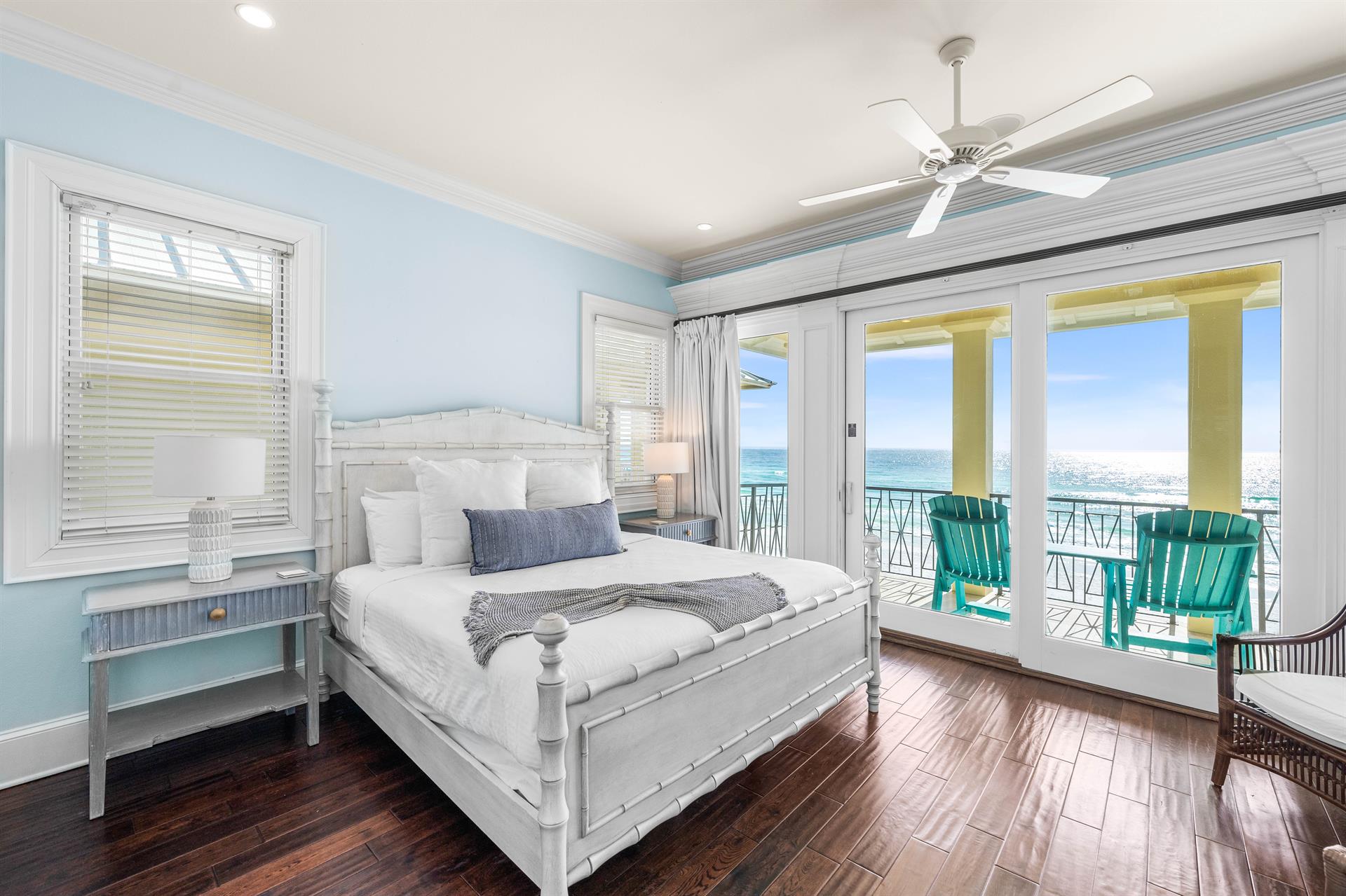 Third Floor Primary Suite with King Bed, Elevator Access, 50 TV, Wet Bar with Viking Beverage Cooler  Keurig, Ensuite Bathroom  Covered Balcony with Seating Overlooking the Gulf.
