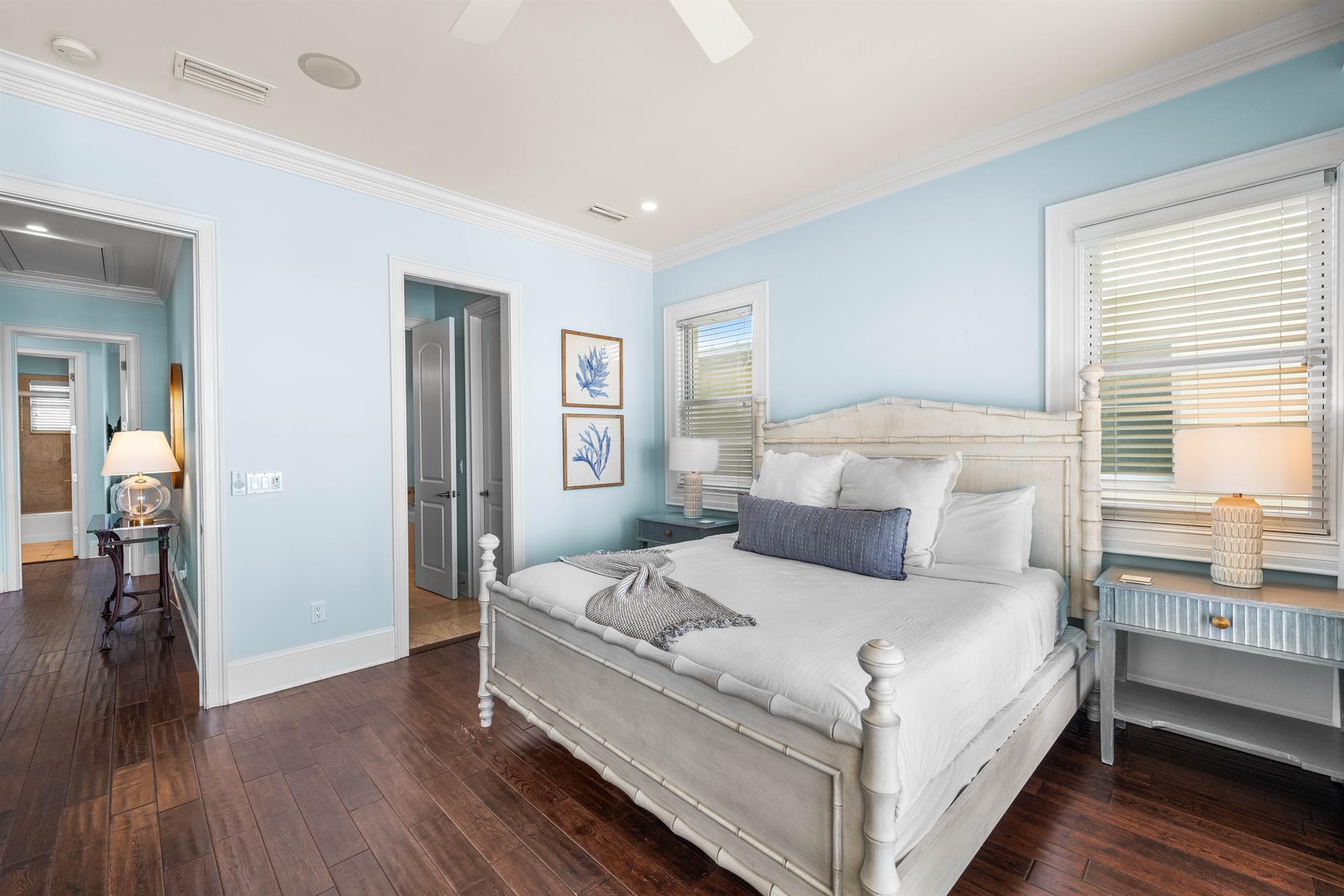 Third Floor Primary Suite with King Bed, Elevator Access, 50 TV, Wet Bar with Viking Beverage Cooler  Keurig, Ensuite Bathroom  Covered Balcony with Seating Overlooking the Gulf.