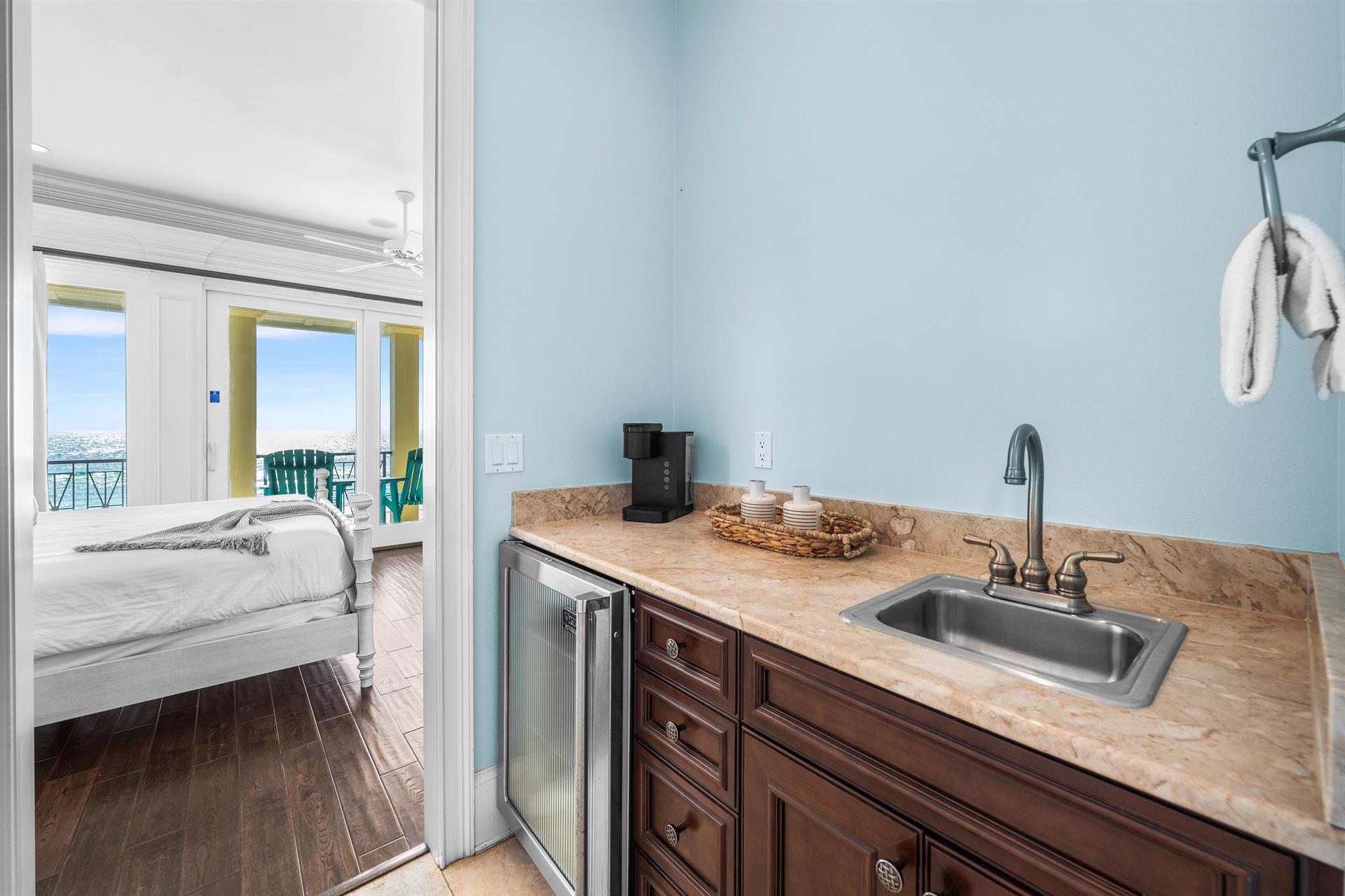 Wet Bar, Viking Beverage Cooler and Keurig for early Morning Sunrises in Your Primary Bedroom Suite