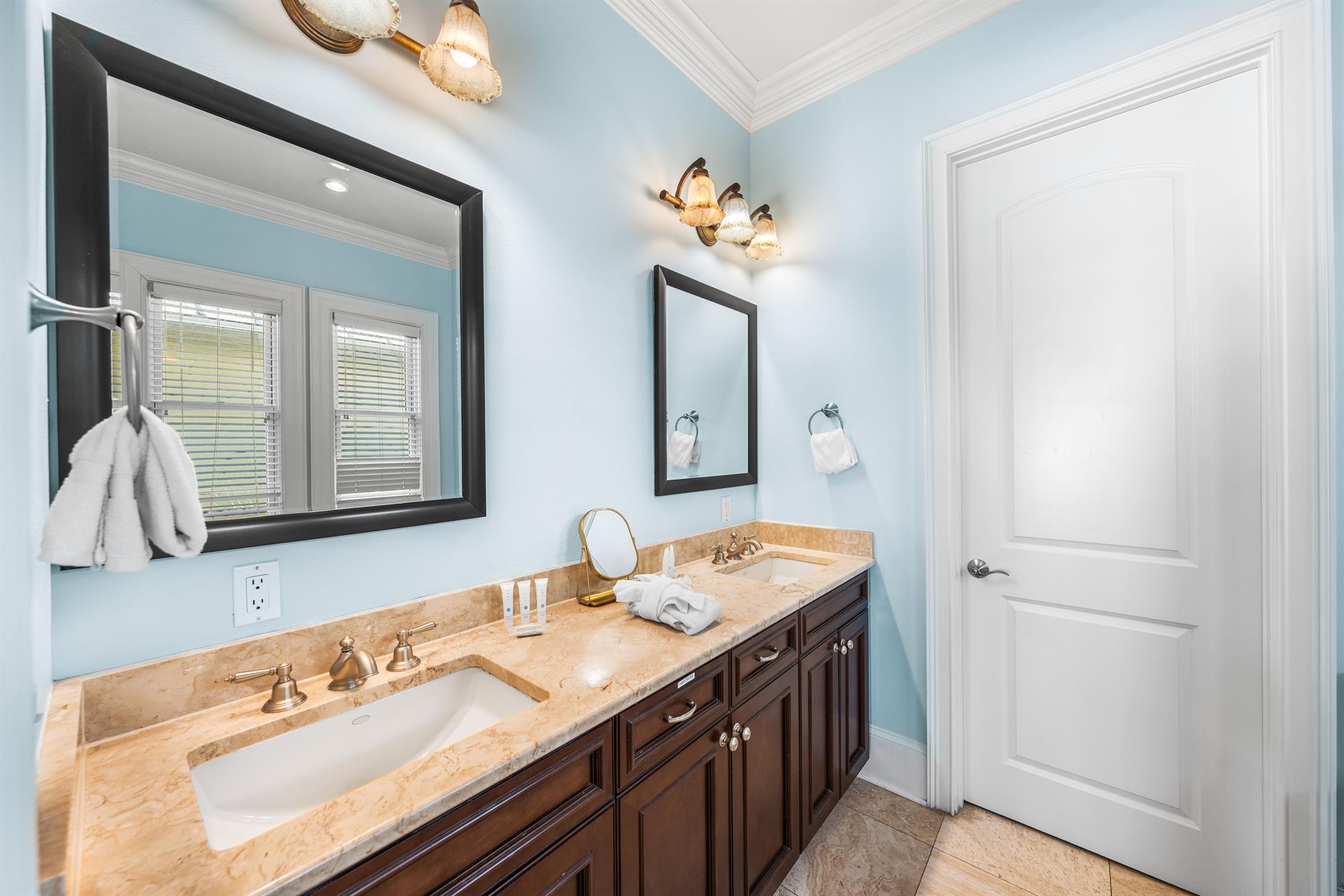 Third Floor Primary Suite Has Large Soaking Bathtub, WalkIn Shower, Double Travertine Vanities,  Water Closet.