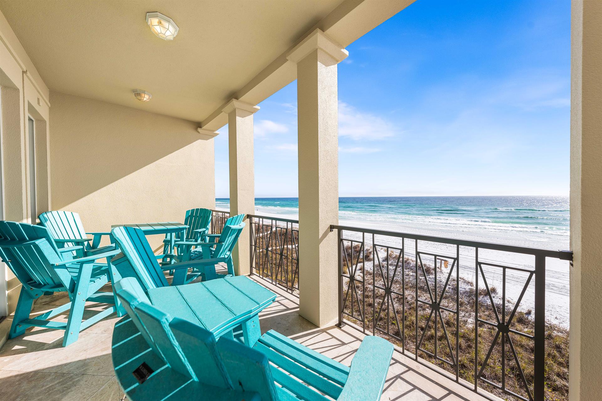 Second Floor Covered Balcony Seating and Dining on the Beach for 6
