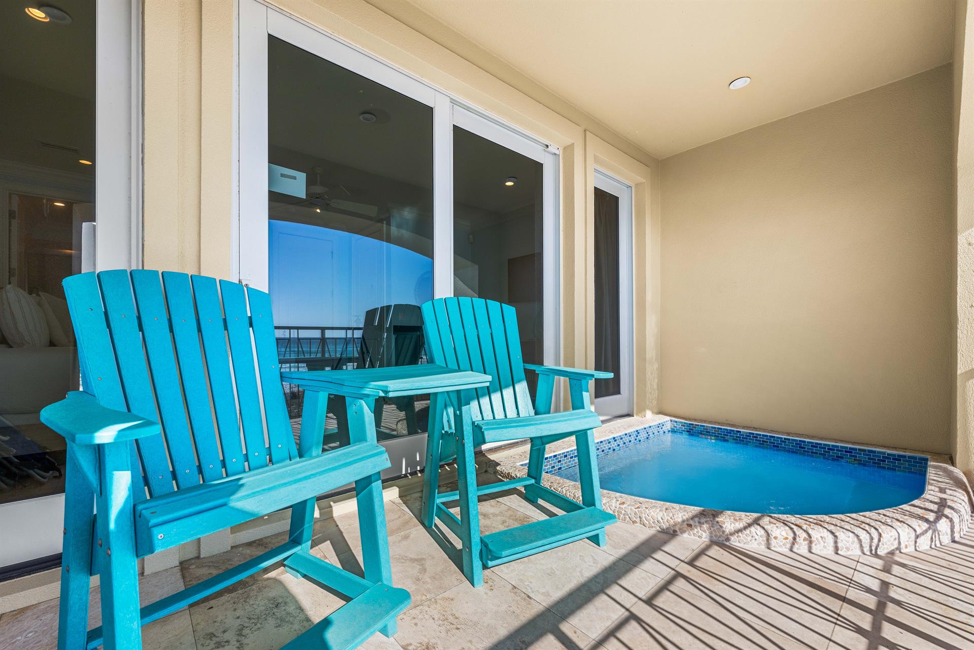 First Floor Bedroom Balcony Splash Pool that can be Heated.   Perfect for a Sunset Martini