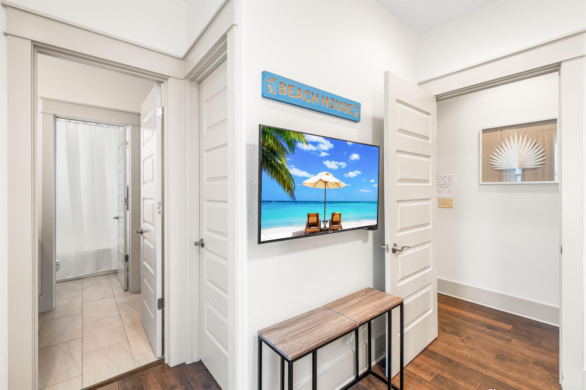 Full bathroom to the left for the bunk bedroom with spacious closet with dresser.  43 smart tv